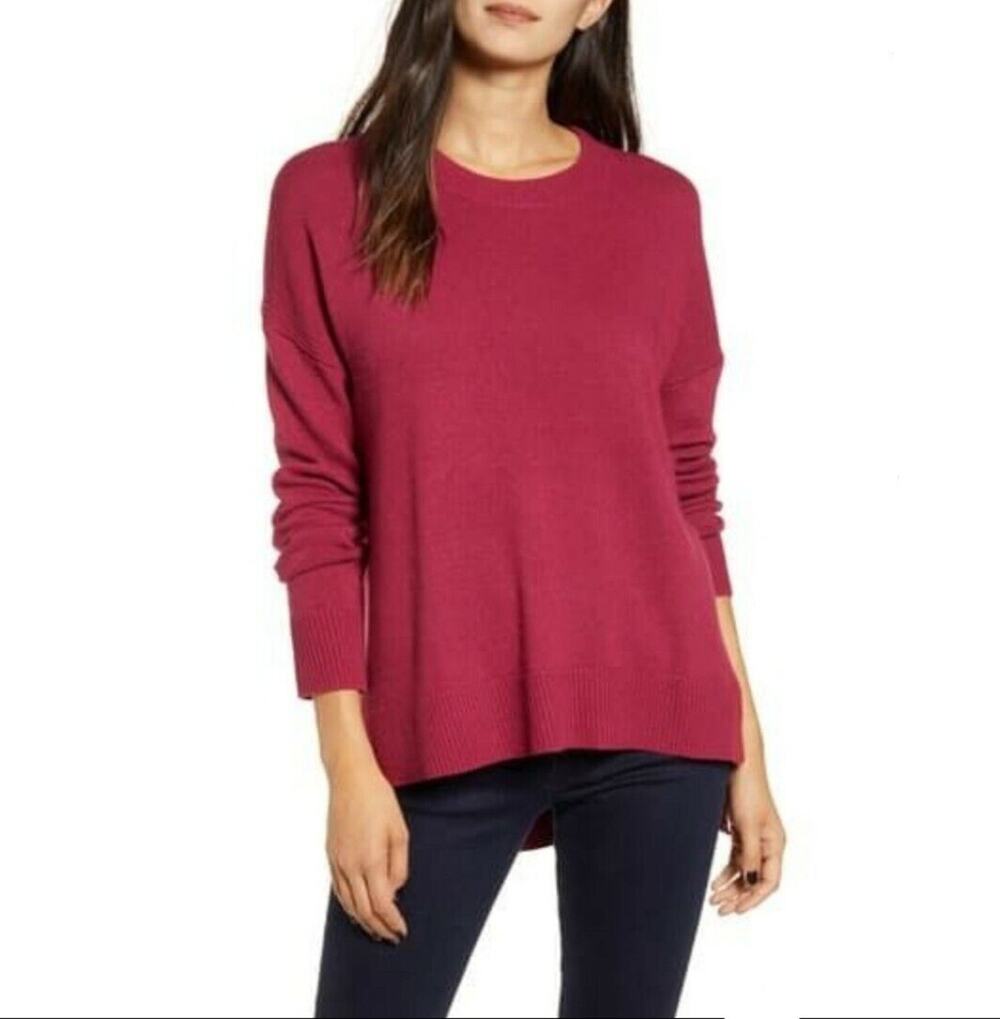 Chelsea28 Long Sleeve Pullover Knitted Sweater Crew Neck Split Hem Red small